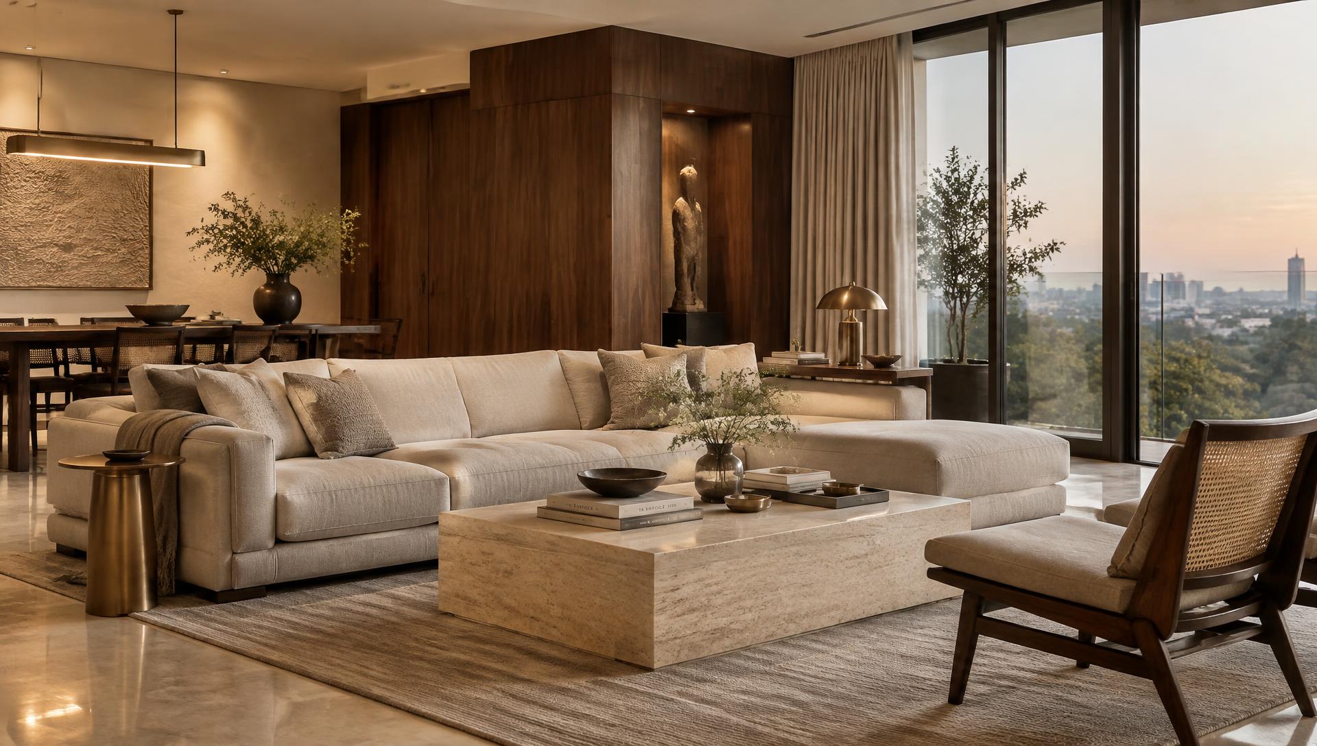 Premium modern living room interior in warm ivory and walnut